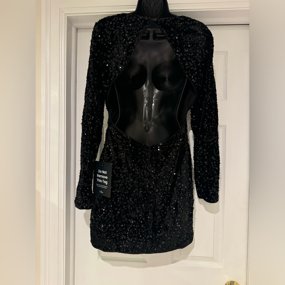 Lulus Marvelous Radiance Elegant Black Sequin Cutout Long Sleeve Mini Dress - Picture 6 of 9
